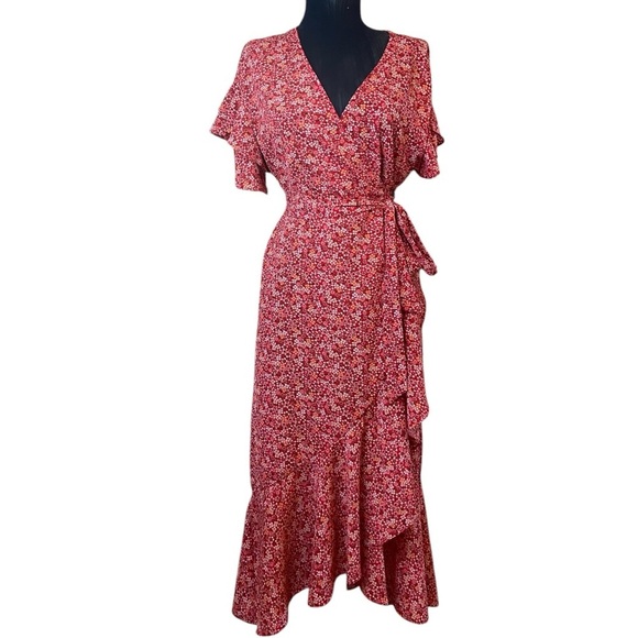 Max Studio Red Floral High Low Wrap Dress Small - Picture 13 of 16